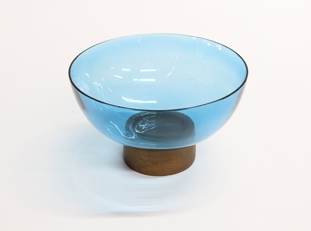 Blue Glass Bowl with Wood Base