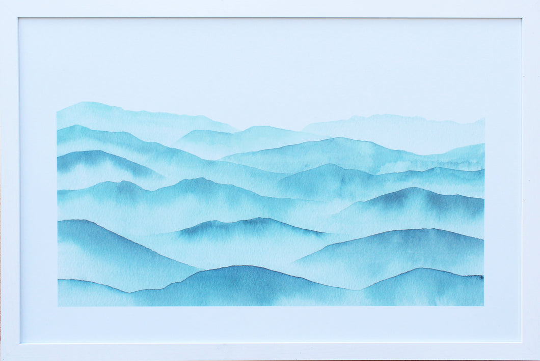 Blue Watercolor Landscape: Abstract Mountains, Horizontal