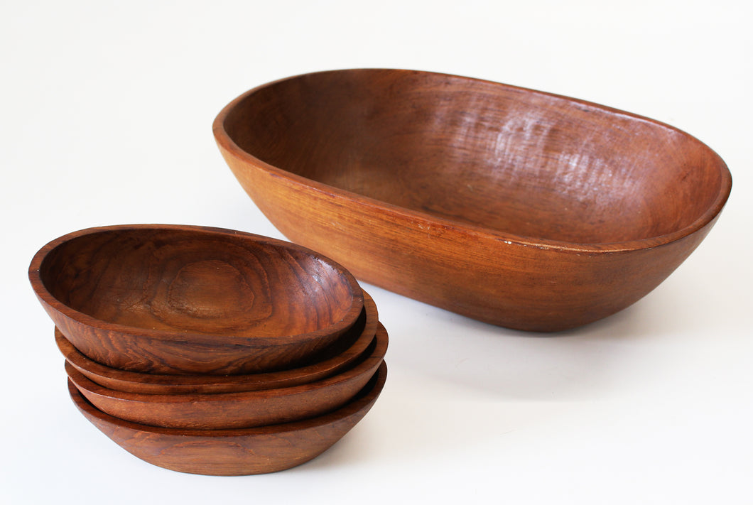 Carved Wooden Oval Salad Bowl Set