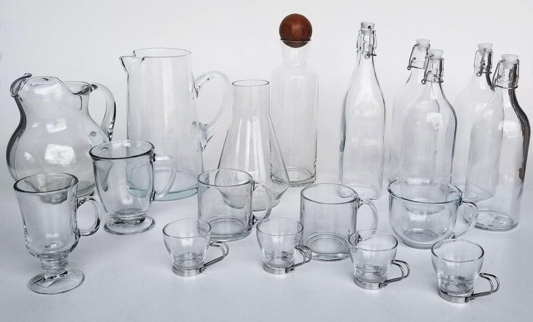 Clear Glass Bottles, Pitchers and Mugs