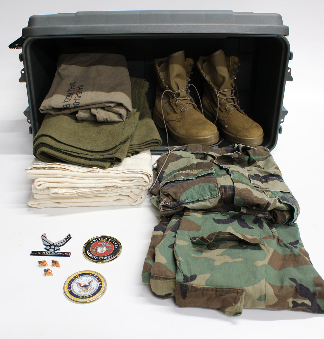 Military Style Footlocker with Bedding, Fatigues, Combat Boots and Military Emblems