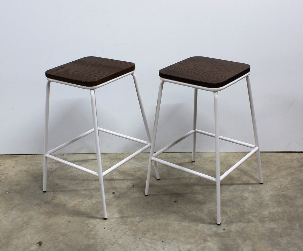 Pair of White Metal Stools with Wooden Seats (Rented Separately)